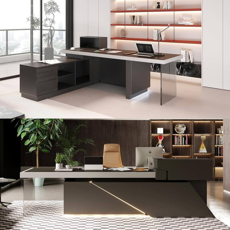 Black L Shaped Office Industrial Executive Desk with Cable Box Socket and LED Light