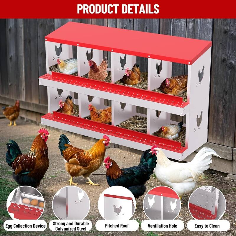 Wall-Mount or Free-Standing Metal Chicken Nesting Box for Hens, Red