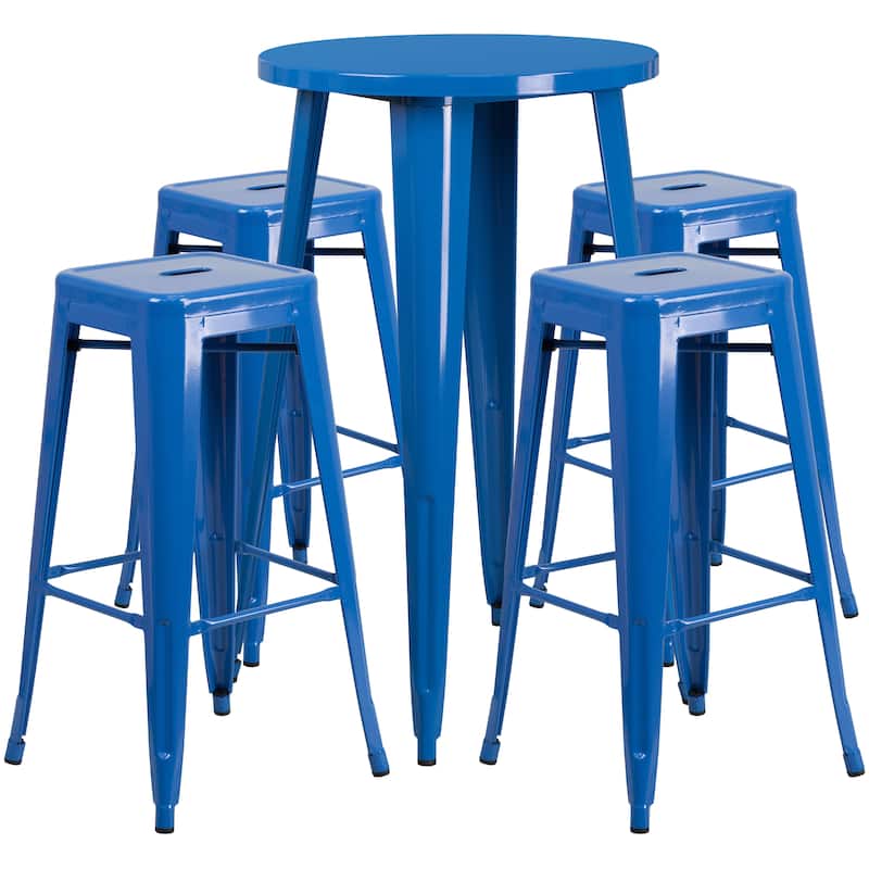 24'' Round Metal Indoor-Outdoor Bar Table Set with 4 Square Seat Backless Stools