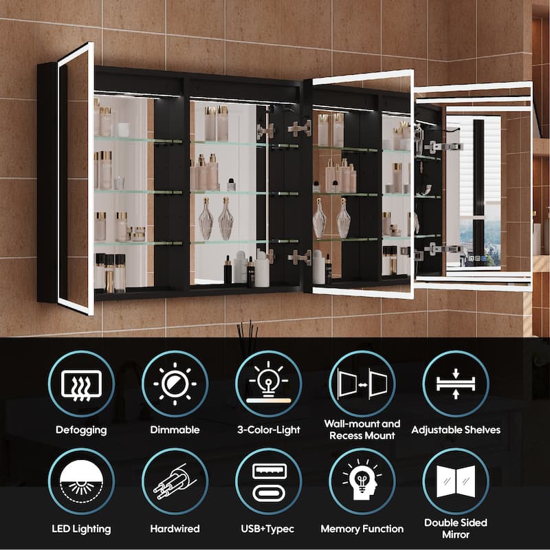 30'' H Recessed Or Surface Wall Mounted LED Mirror Cabinet With Mirror And Adjustable Shelves,Black Frame