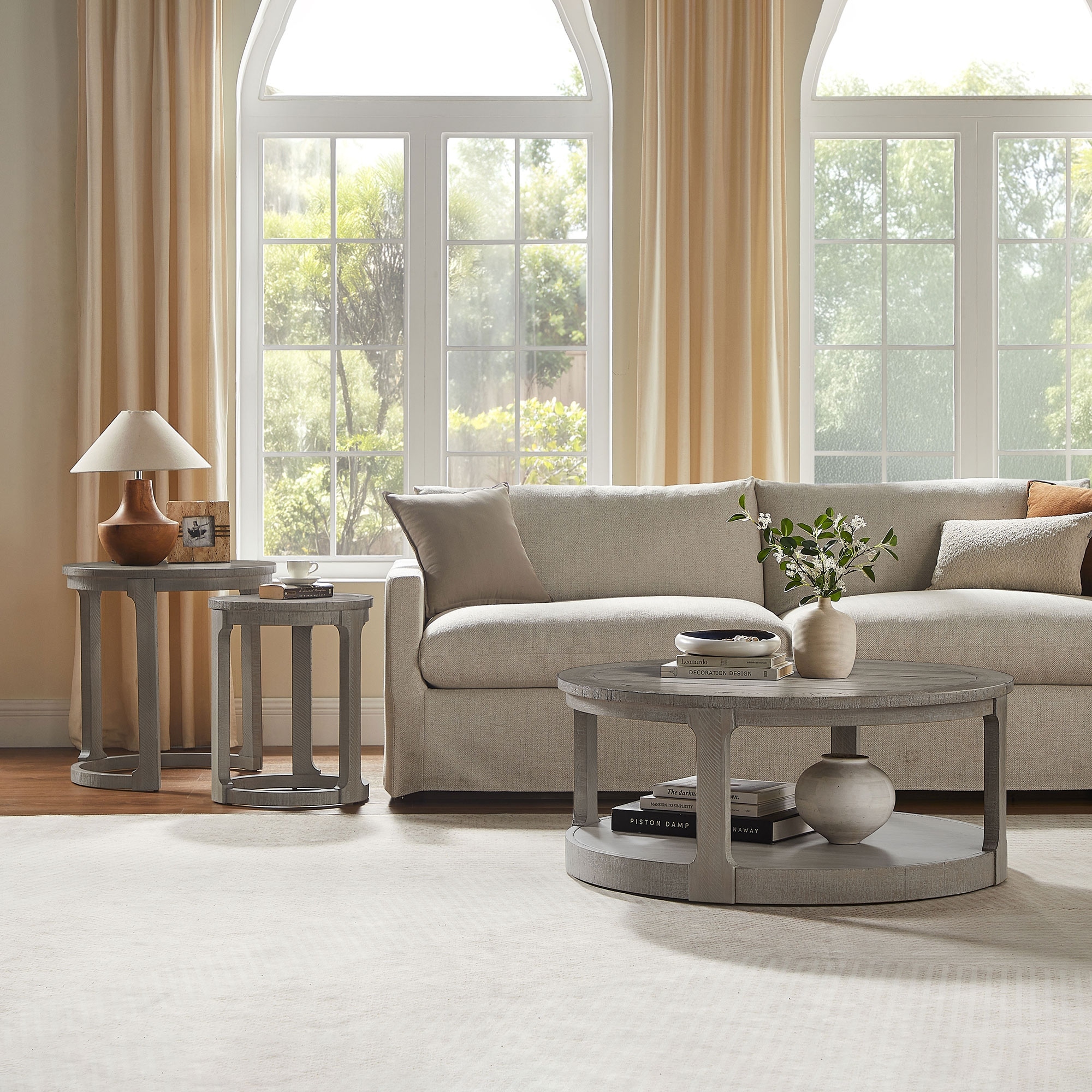 Curved 2 Tier Traditional Round Circle Wooden Center Coffee Table Set