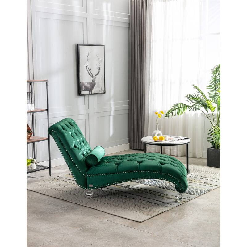 Leisure Concubine Sofa with Acrylic Feet, Traditional Chaise Velvet Barrel Sofa with Lumbar Support Pillow for Living Room