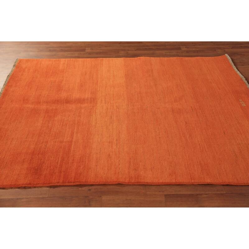 Orange Gabbeh Modern Area Rug Hand-Knotted Stripe Wool Carpet - 4'11" x 6'8"