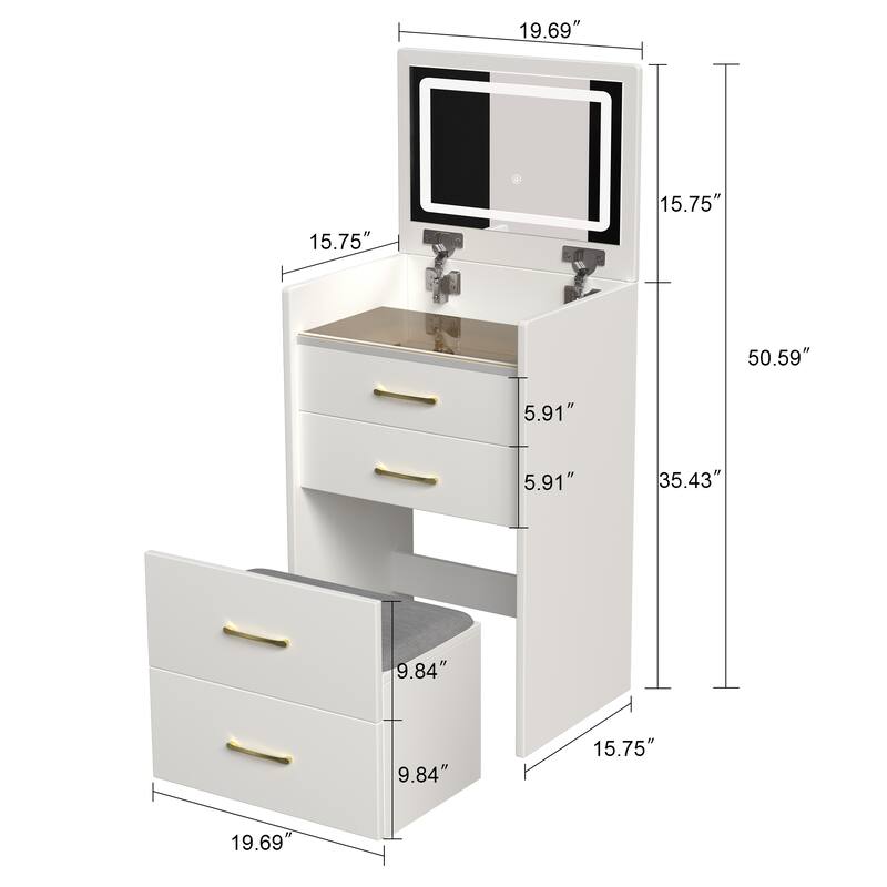 3 in 1 Makeup Vanity Convertible Desk or Nightstand, Compact Make-up Vanity Glass Desktop Dressing Table with Mirror & Stool