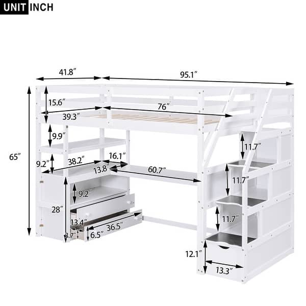 dimension image slide 3 of 4, Wood Loft Bed with Desk, Shelves, 2 Built-in Drawers and Storage Staircase