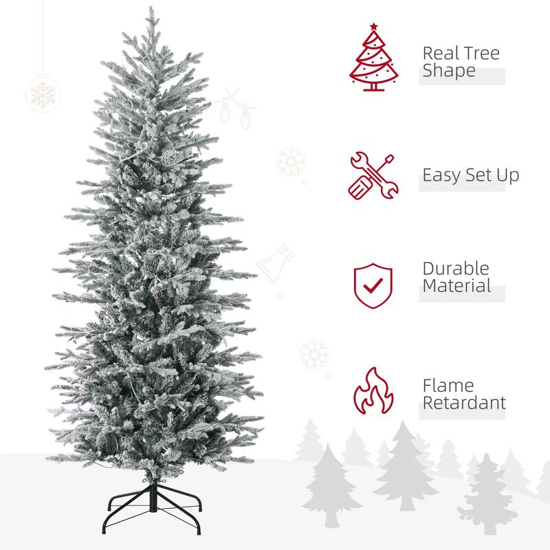 HOMCOM Pre-Lit Artificial Christmas Tree - Snow Flocked Branches, Warm Yellow Lights, Auto Open, Extra Bulb - Green