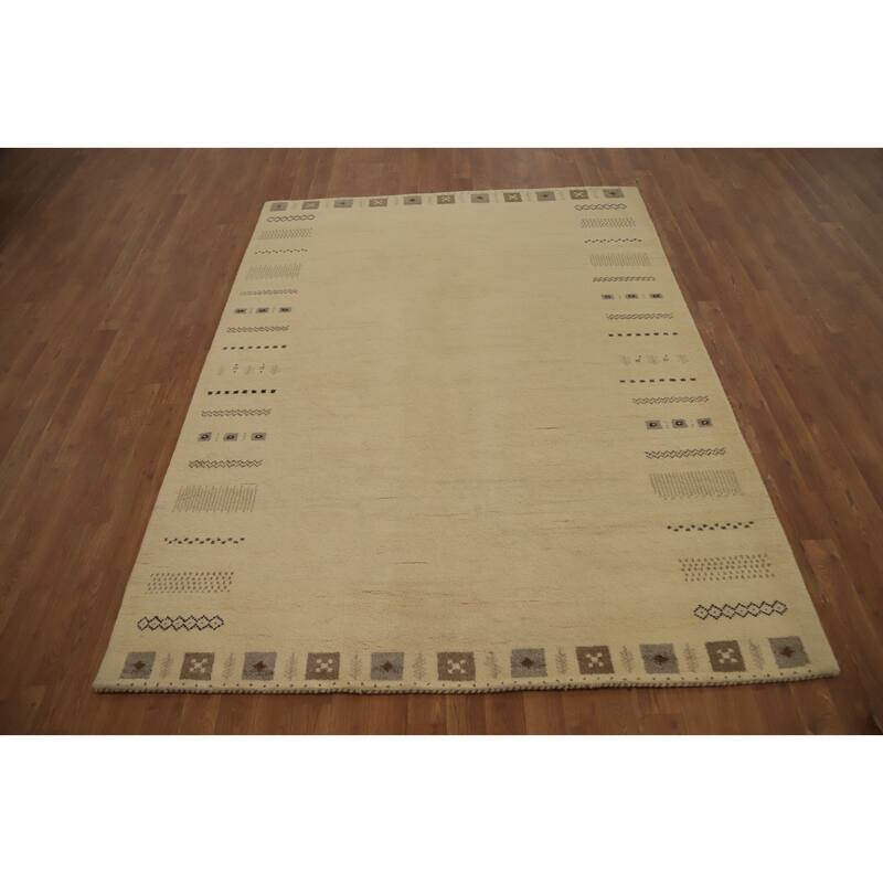 Hand Knotted Oriental 100% Wool Carpet Tribal Geometric Beige & Ivories Gabbeh Area Rug - 7' 2'' X 5' 5''