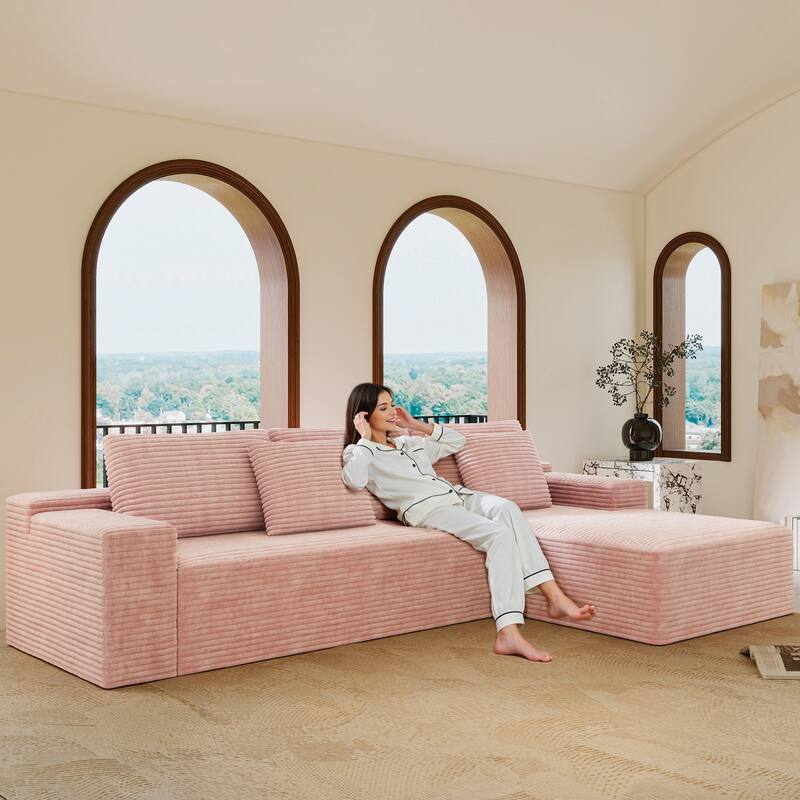 Modern L-Shaped Corner Couch, Corduroy Modular Sectional Sofa Set, Upholstered Boneless Sleeper Sofa with Chaise - Pink