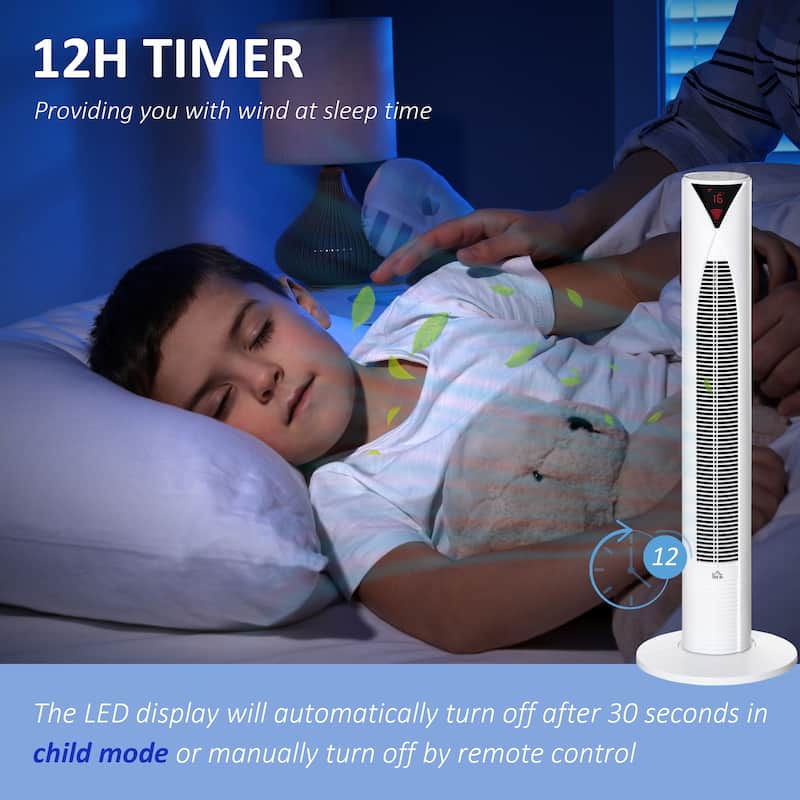 38" Oscillating Tower Fan With 12h Timer - White