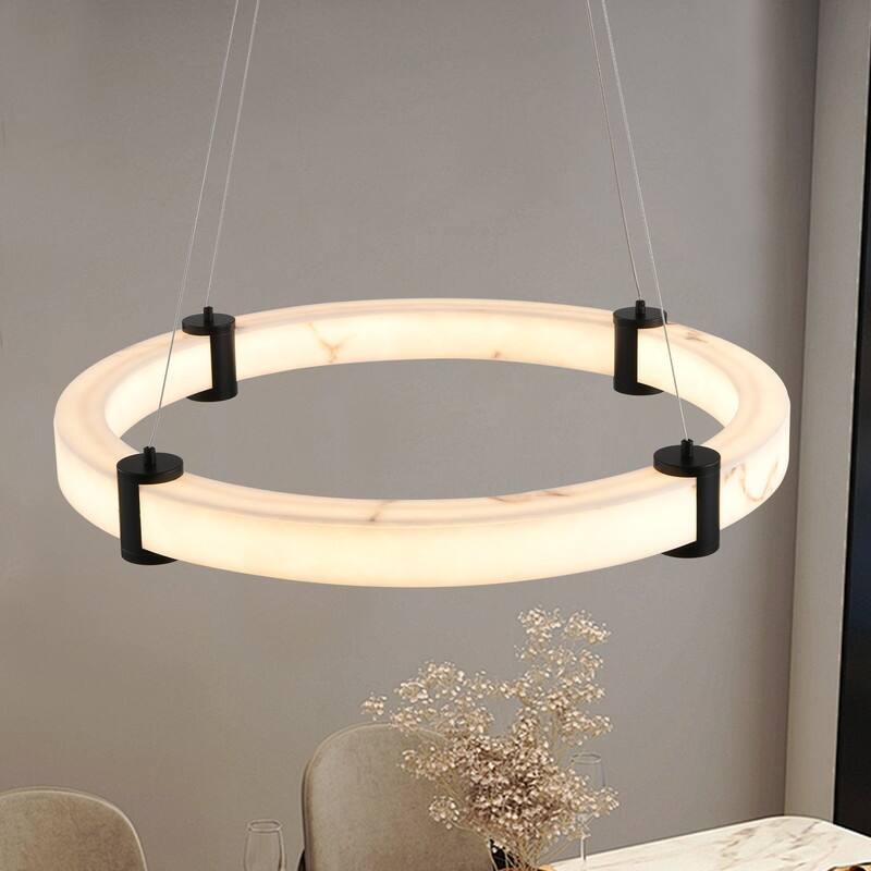 Modern LED Pendant Light, 23.6-Inch Round Hanging Chandelier with Adjustable Height, Imitation Marble Finish Resin Ring