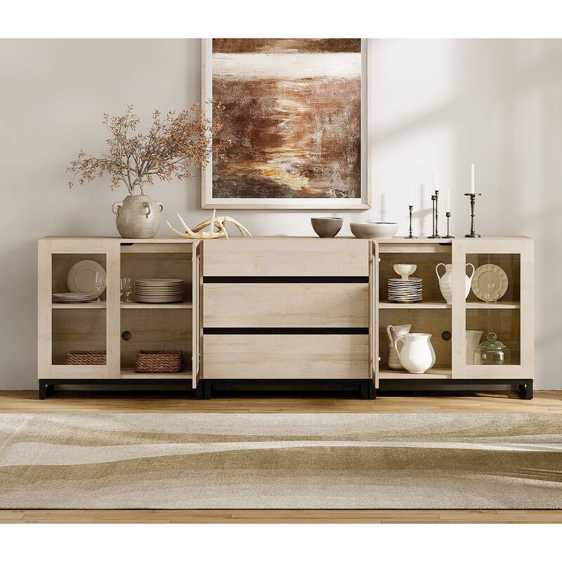 WAMPAT 3 in 1 Modern Dresser with Glass Doors and 3 Drawers, Chest of Drawers for Bedroom