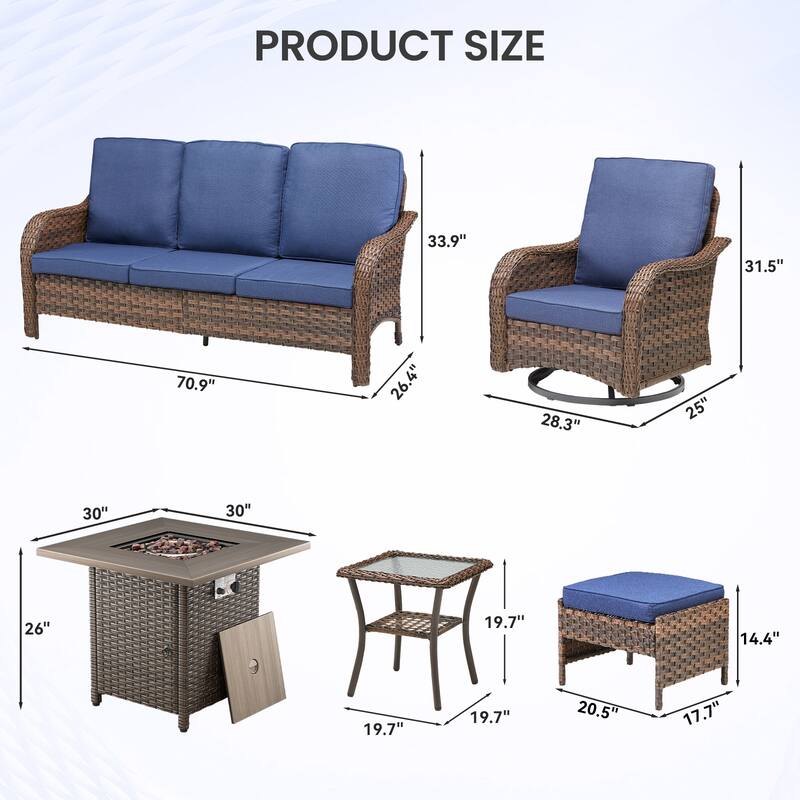 Pocassy Patio Sofa Swivel Chair Ottoman with Fire Table Funiture