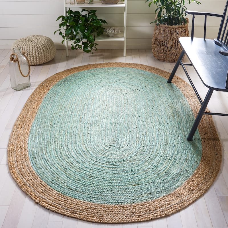 SAFAVIEH Handmade Natural Fiber Jolette Bordered Round Jute Rug - 2'6" x 4' Oval - Aqua/Natural