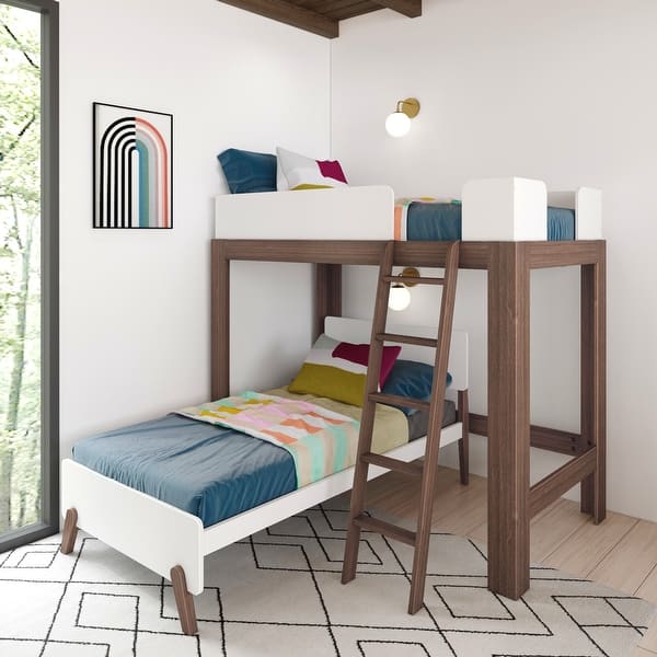 slide 2 of 13, Max and Lily Mid-Century Modern L-Shaped Twin over Twin Bunk Bed White/Walnut