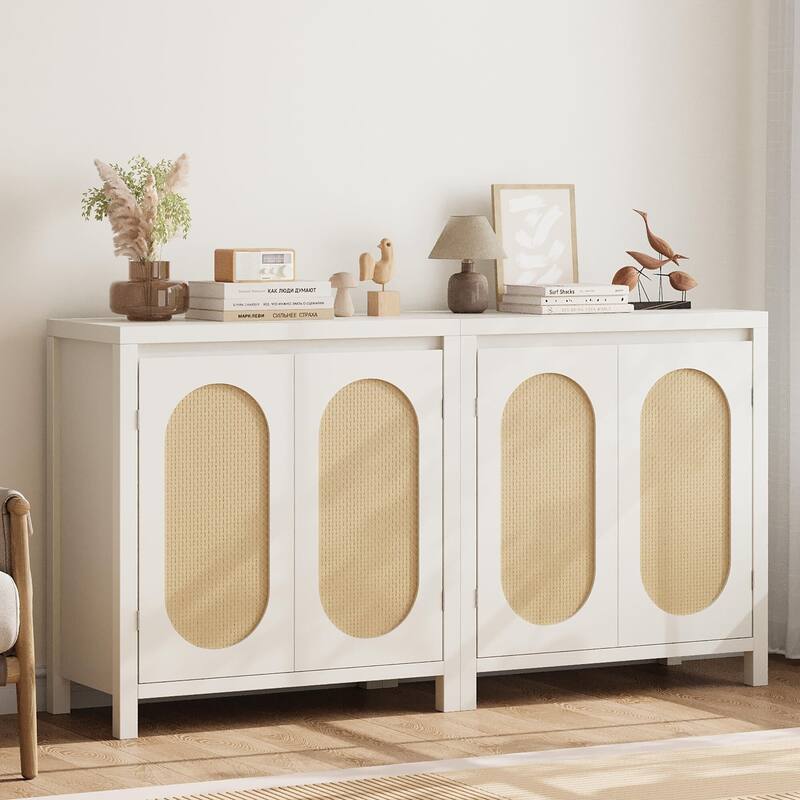 Rattan Storage Cabinet, Wooden Sideboard Buffet Cabinet with Doors and Shelves