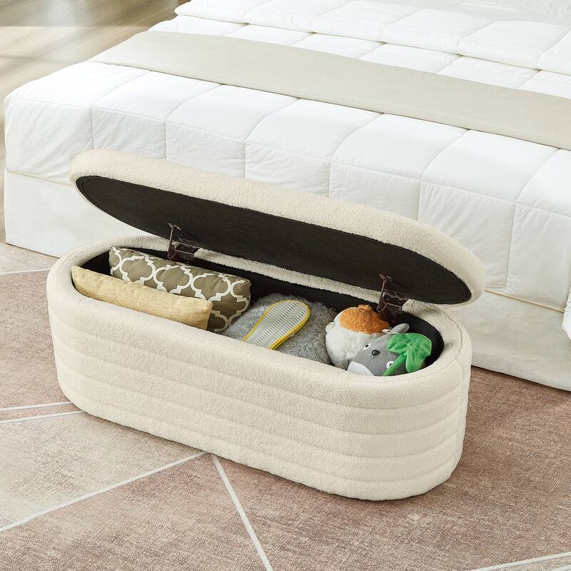 Boucle Teddy Fabric Storage Ottoman Bench with Safety Hinge for Entryway
