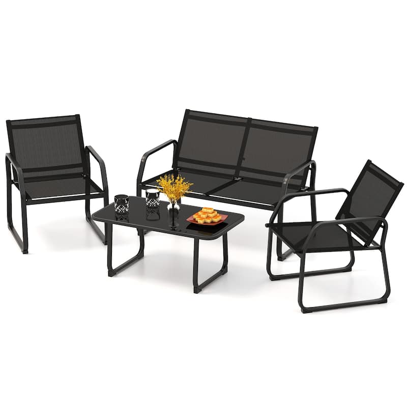 Black 4-Piece Outdoor Seating Set with Tempered Glass Table Sturdy Loveseat and 2 Fabric Chairs - 46" x 28" x 30"