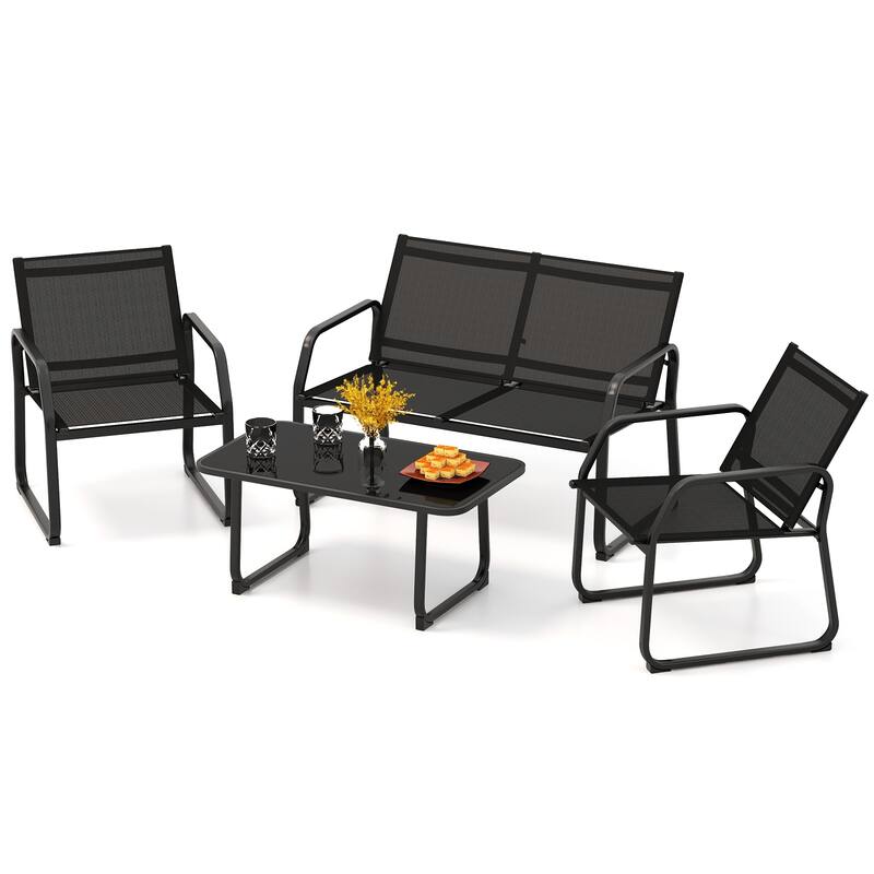 Gymax 4 PCS Patio Conversation Set w/ Breathable Fabric Seat Tempered