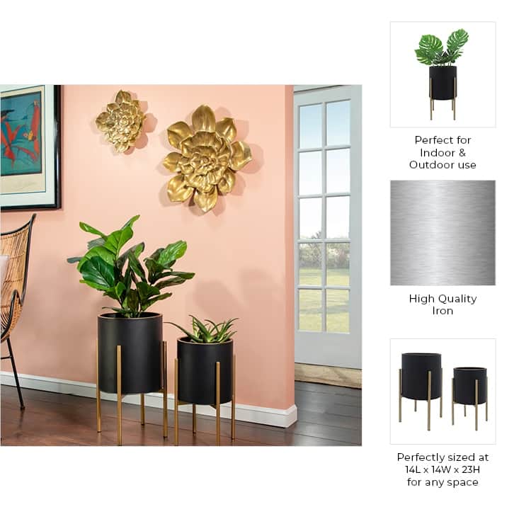 Modern Metal Round Planters on Stand - Set of 2