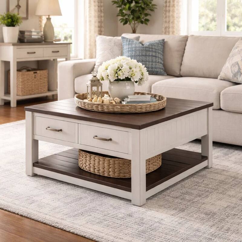 Barb Coffee Table, 2 Drawers and Lift Top, 36 Inch Gray Acacia Wood