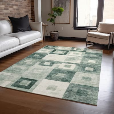 Machine Washable Indoor/ Outdoor Contemporary Blocks Chantille Rug