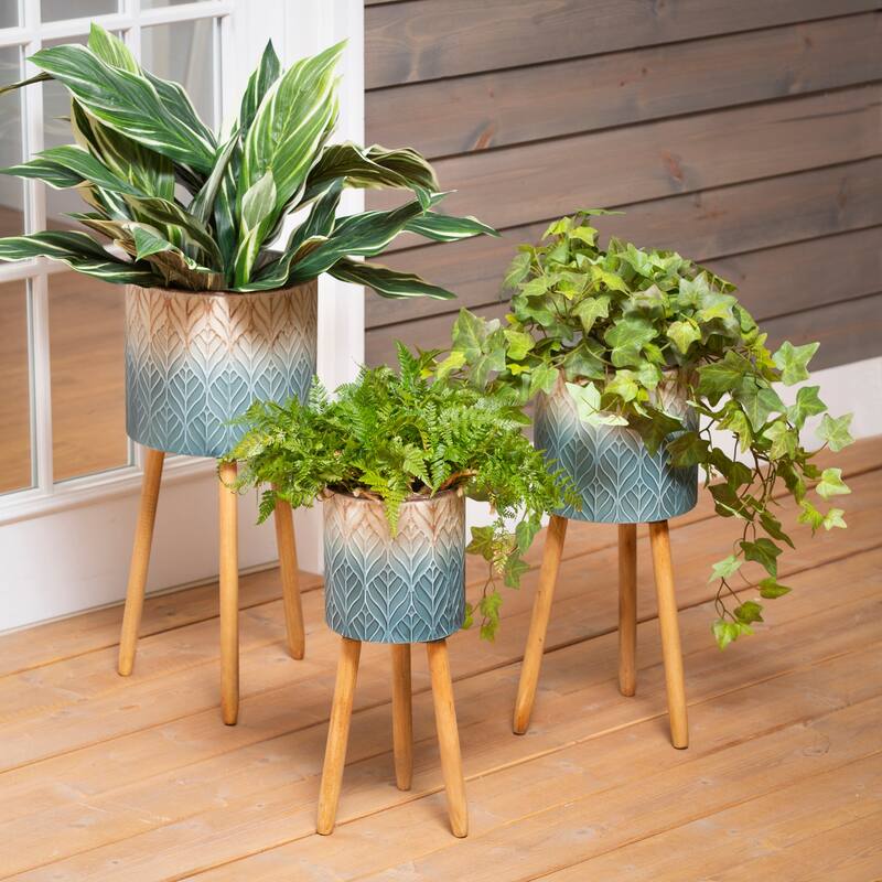 Ombre Blue Feather Metal Planters with Wooden Legs (3-Pack)