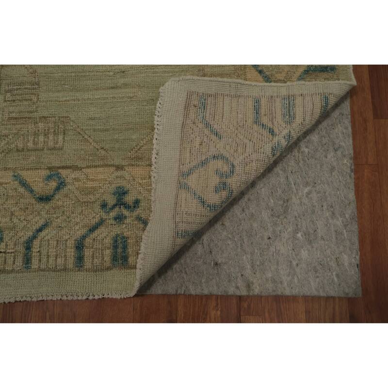 Hand Knotted Oriental 100% Wool Carpet Transitional Geometric Green Khotan Runner Rug - 11' 11'' X 3' 3''