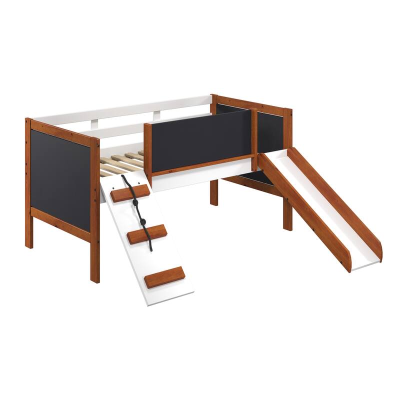Twin size Wood Loft Bed with Slide and Chalkboard Panels