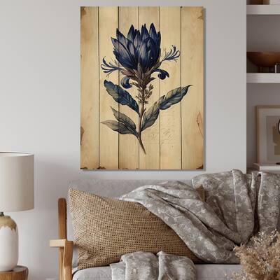 Designart 'Blossoming Blue Retro Flower III' Floral Wood Wall Art - Natural Pine Wood