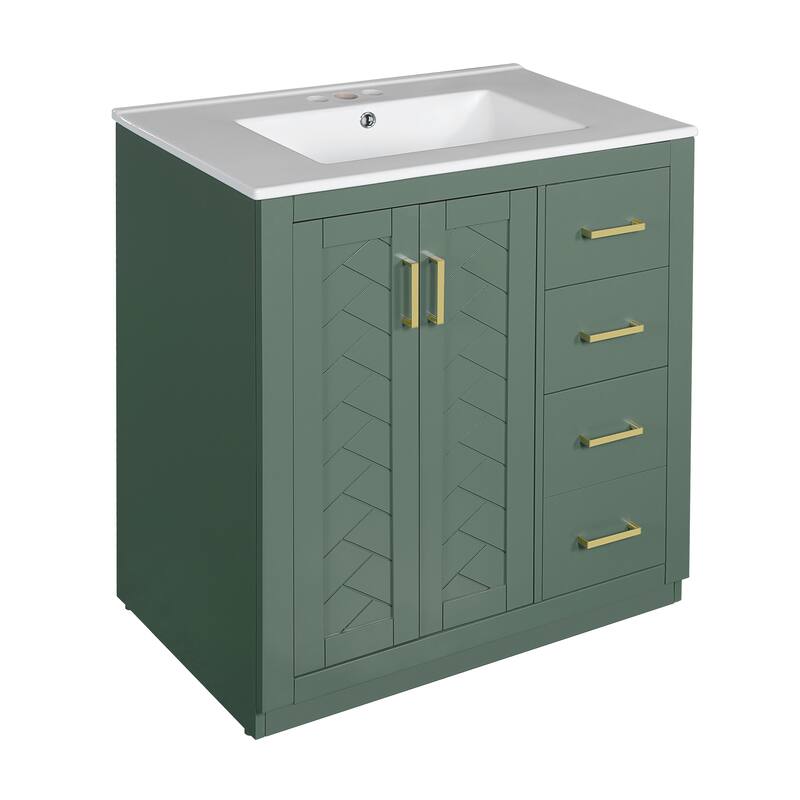 Bathroom Vanity with Ceramic Sink, Vanity Set with 3 Drawers and Doors, Bathroom Storage Cabinet with Solid Wood Frame