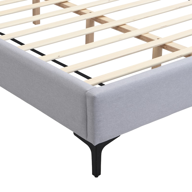 Linen Upholstered Bed Wingback Bed with Bedside Lights and Convenient Shelves Storage Bed Platform Bed with Iron Legs