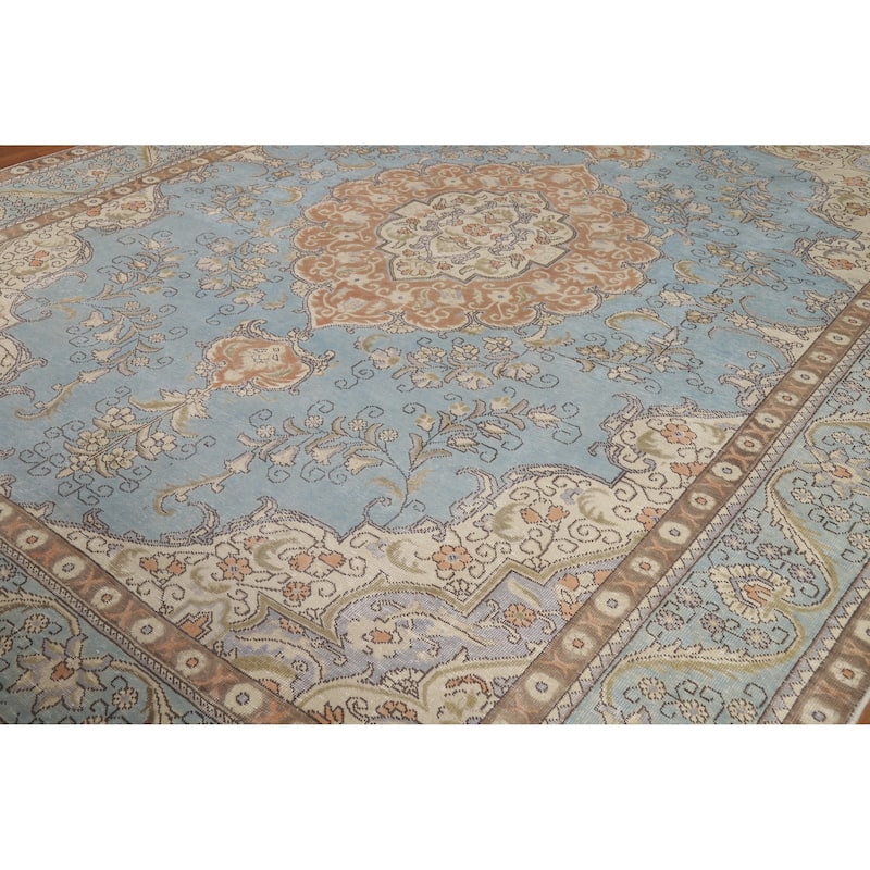 Light Blue Tabriz Persian Vintage Area Rug Handmade Wool Carpet - 9'10" x 12'7"