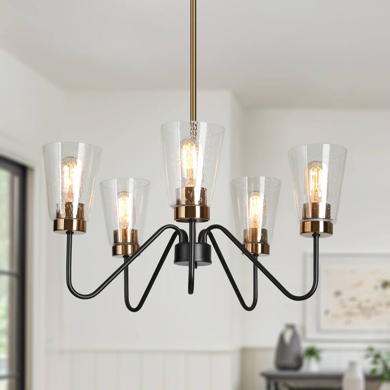 Ivelle Modern 5-Light Black Gold Wheel Chandelier Seeded Glass Pendant Lights for Dining Room - 22 “