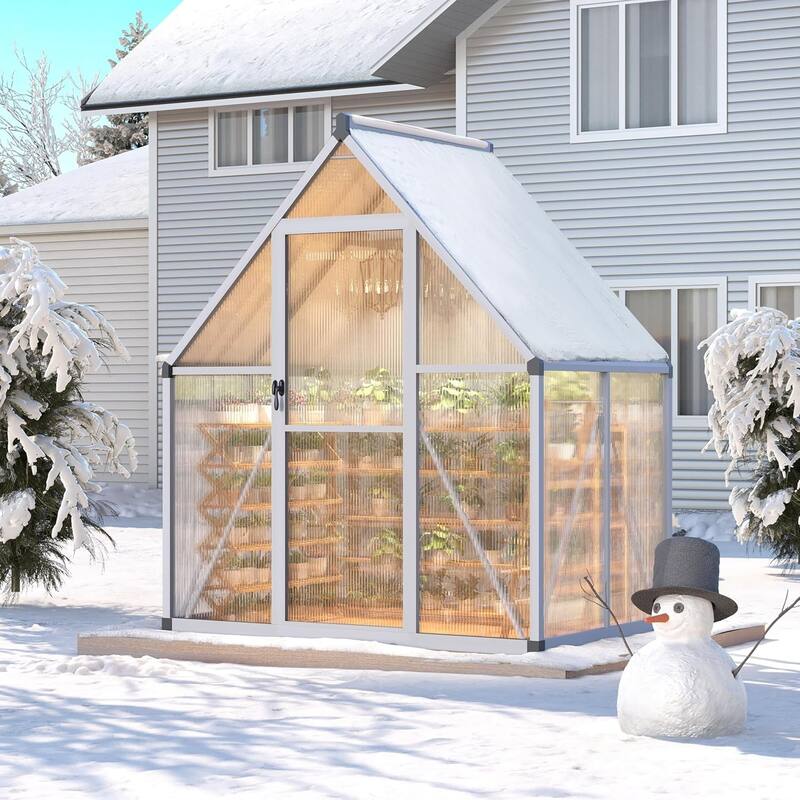 6 x 7 ft Greenhouse, Polycarbonate Walk-in Greenhouse with Aluminum Frame Sliver - 6*7FT