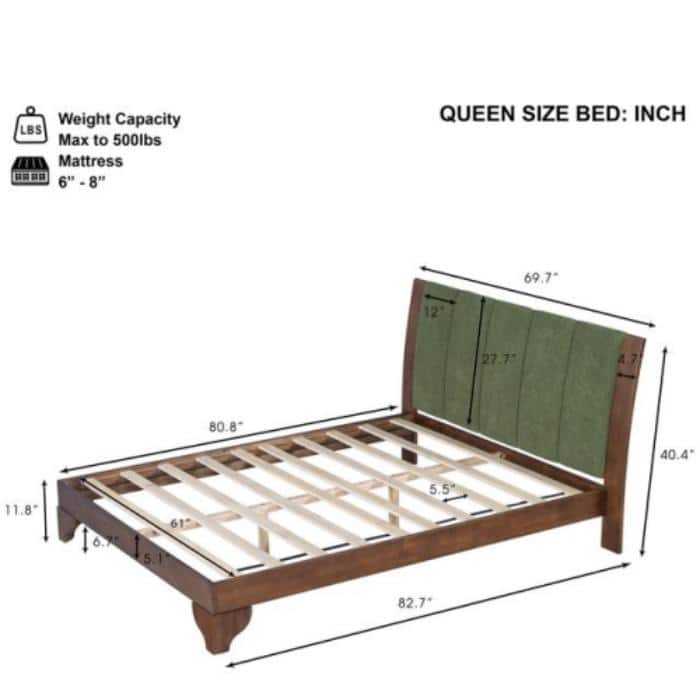 Pine Wood Queen Bed Frame with Headboard, Mid Century Modern King/Queen Size Platform Bed