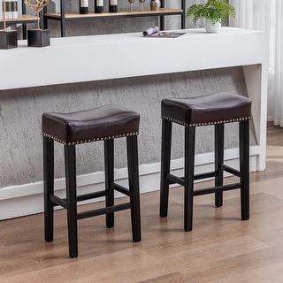 Set of 2 Counter Height Bar Stools Backless Leather Saddle Stool for ...