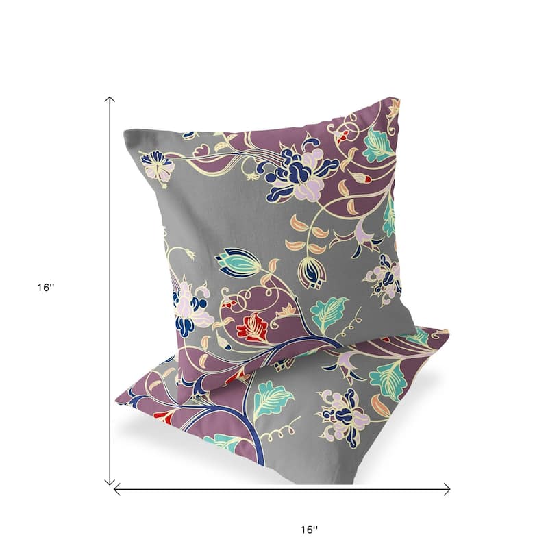 HomeRoots Set of Two 16" X 16" Gray and Purple Blown Seam Floral Indoor Outdoor Throw Pillow - 16.00' X '16.00' X '5.00