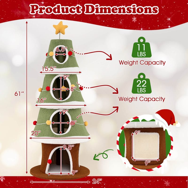 Costway 61”Large Christmas Cat Tree with 4 Condos, Sisal Carpet, - as pic shows - See Details