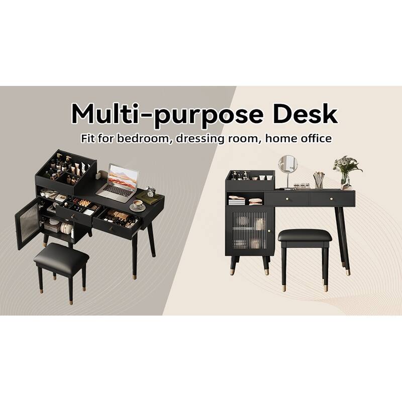 Anmytek Black and Gold Vanity Desk with Stool Makeup and Writing Desk for Bedroom
