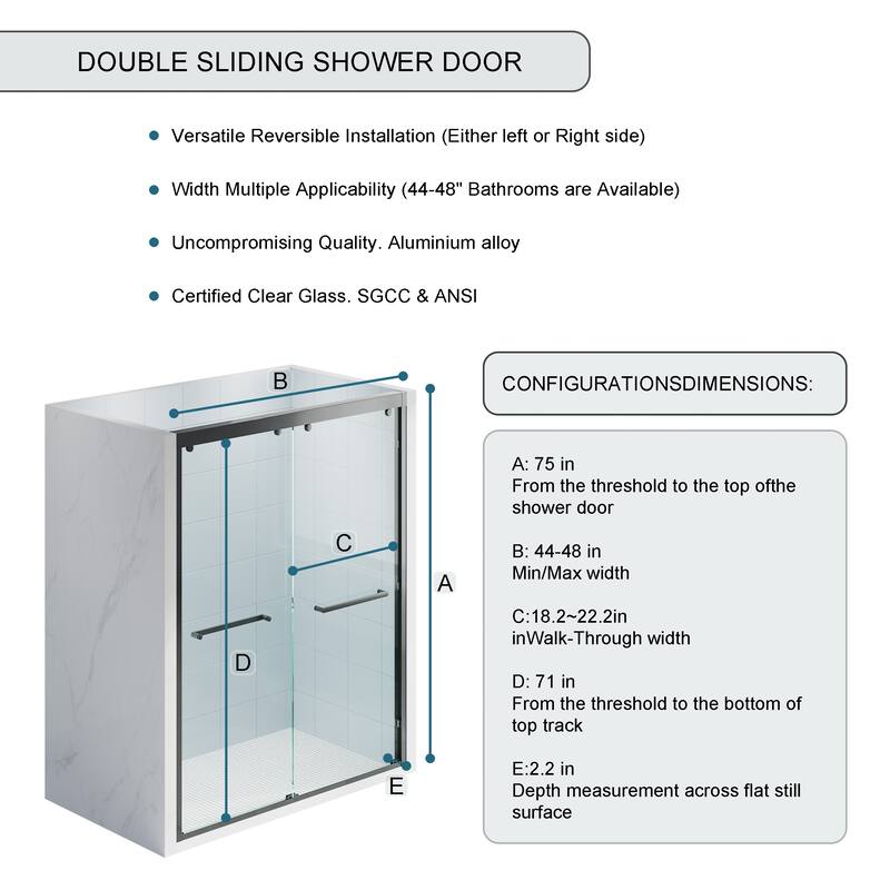 44-48"W/56-60"W x 75"H Double Sliding Shower Door With 8mm Tempered Glass & Aluminum Alloy Frame