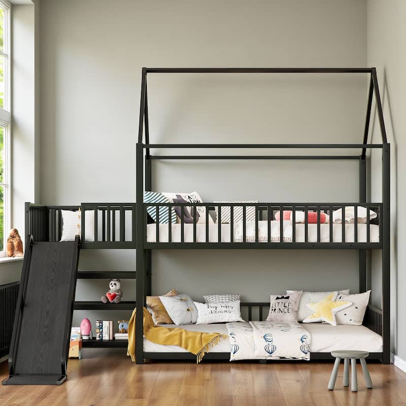 Metal House Bunk Bed with Storage Stairs and Slide, Safety Rails, Twin/Full Kids Bed Frame