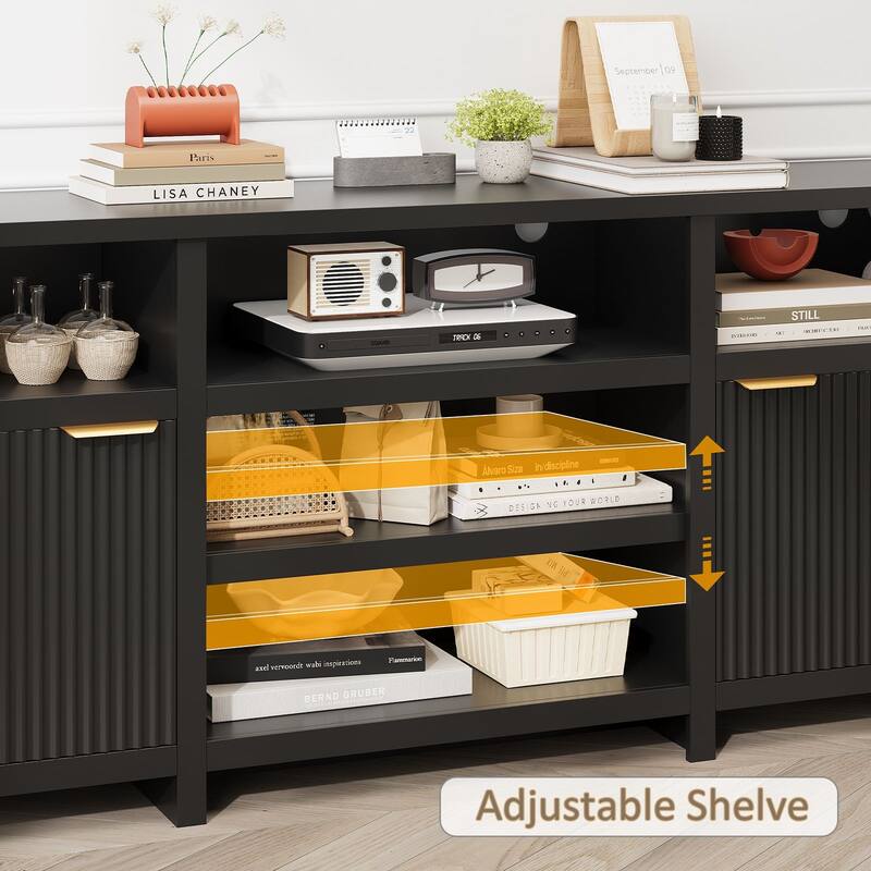 Gyomojoy 71" LED Farmhouse TV Stand for 75-85 Inch TV, Modern Boho Media Console with RGB Lights, 2 Doors & Adjustable Shelves.