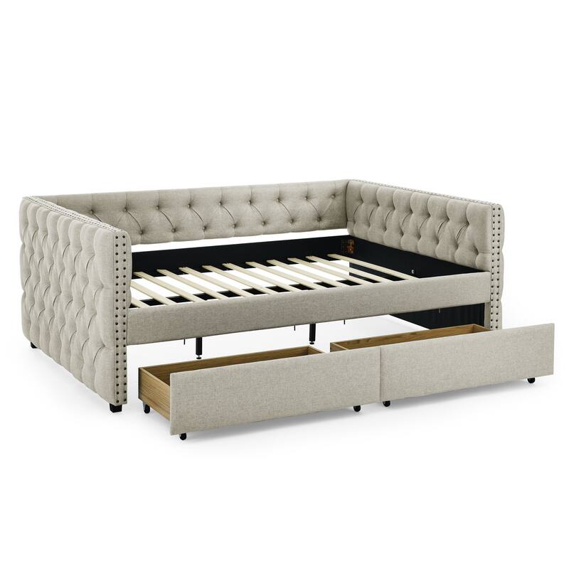 Full Size Daybed - Linen Upholstered Daybed with Storage,Button and Copper Nail