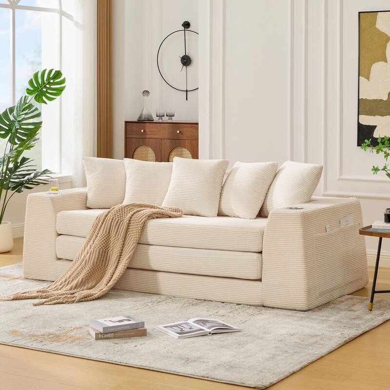 2 in 1 Convertible Sofa Bed, Sleeper Sofa with Storage Pockets, Pull Out Loveseat Couch with Two Cup Holders