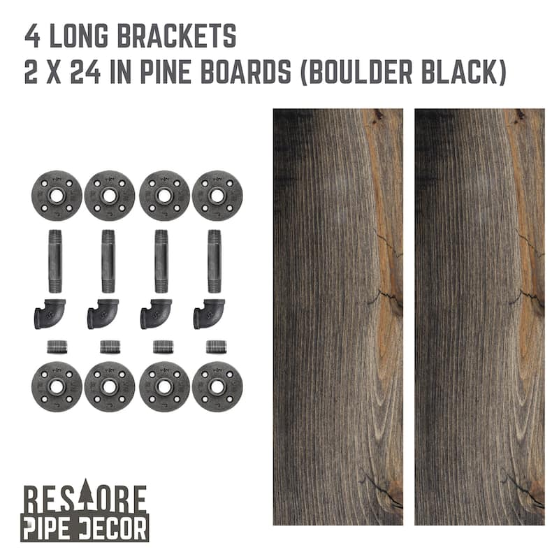 Restore Wood 24 in. Wall Shelf, L-Shape Steel Pipe Brackets, Set of 2