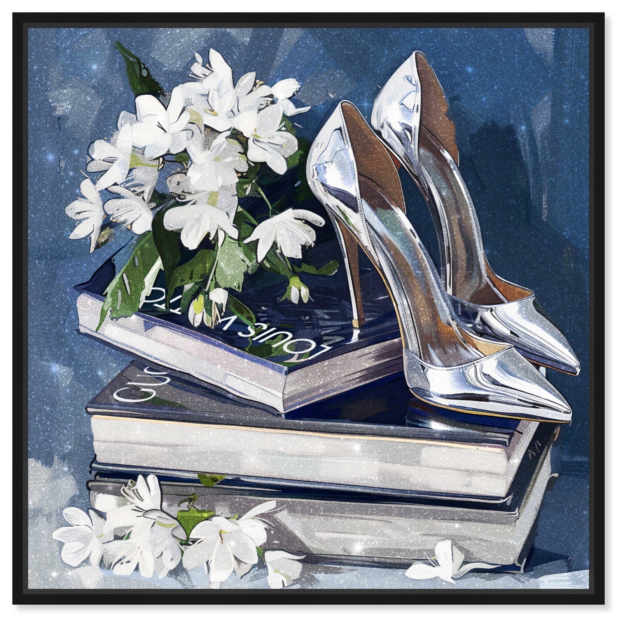 Blue Spring Books and Heels Canvas Floral Glam Art by Art Remedy
