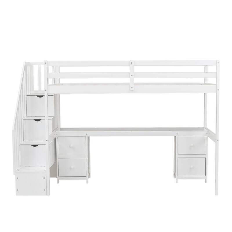 Twin Loft Bed with Built-in Desk and Double Drawers, White