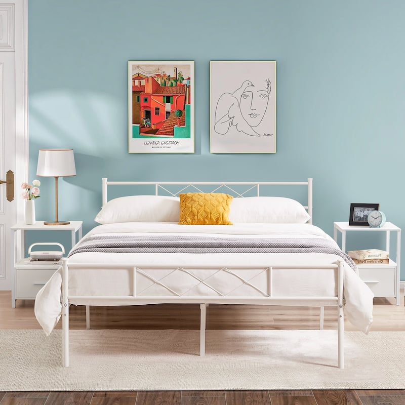 VECELO Industrial 3-Piece Bedroom Set Black Platform Bed Frame with Headboard and Modern Nightstand Set of 2