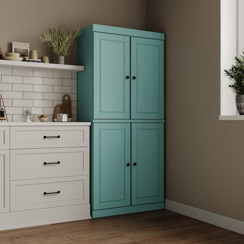 Palace Imports 100% Solid Wood Pantry Cabinet, Raised Panel Doors, Adjustable Shelves, 32" Wide, 71.5" Tall - 32" x 71.5" - Aqua