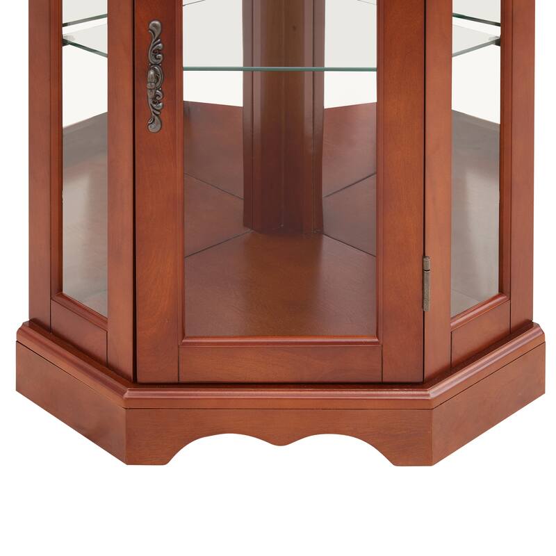 Elegant Walnut Corner Curio Cabinet with Lights, Tempered Glass Shelves, and Mirrored Back for Collectibles